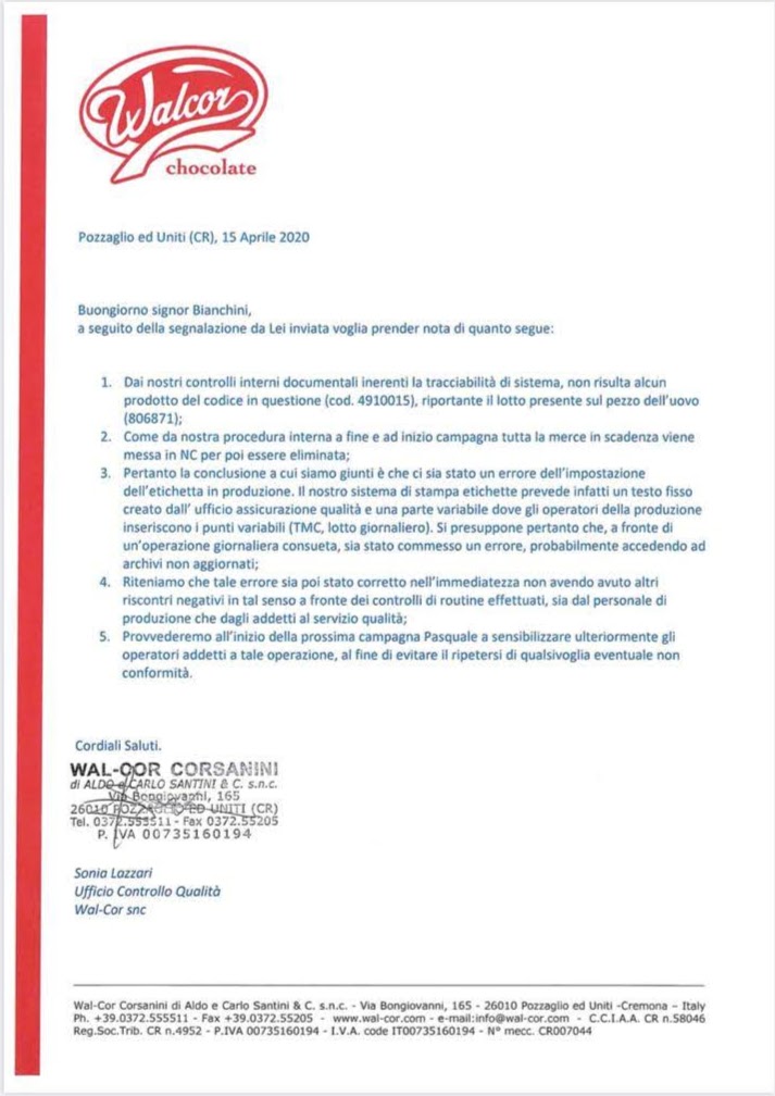 Chiarimenti sulla data di scadenza delle uova di Pasqua distribuite ai bambini